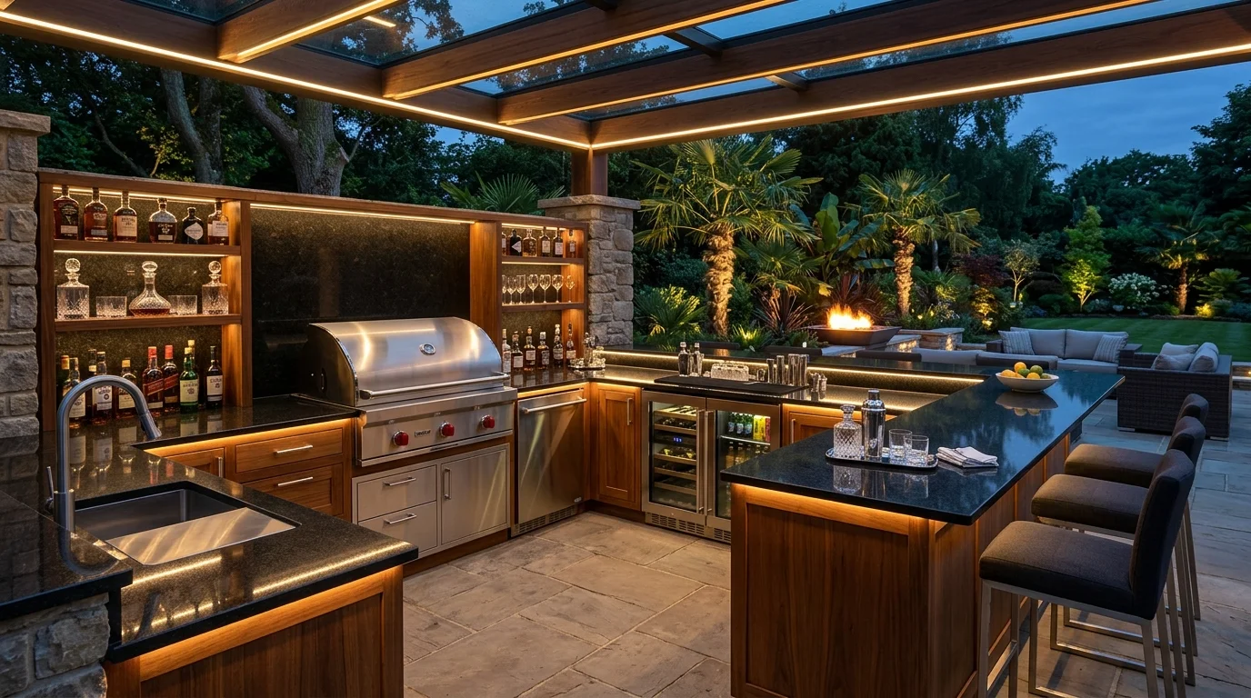Luxury outdoor kitchen with full bar, high-end grill, granite counters, wine fridge, and LED ambient lighting.