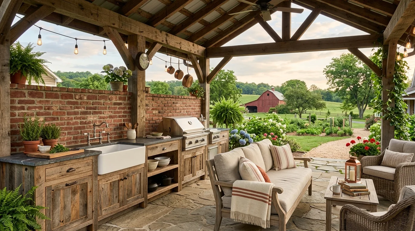 Farmhouse outdoor kitchen with reclaimed wood cabinets, farmhouse sink, brick backsplash, and cozy covered seating.