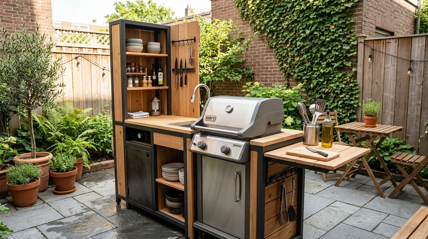 Compact outdoor kitchen with small grill, foldable prep counters, vertical storage, and clean minimal layout.