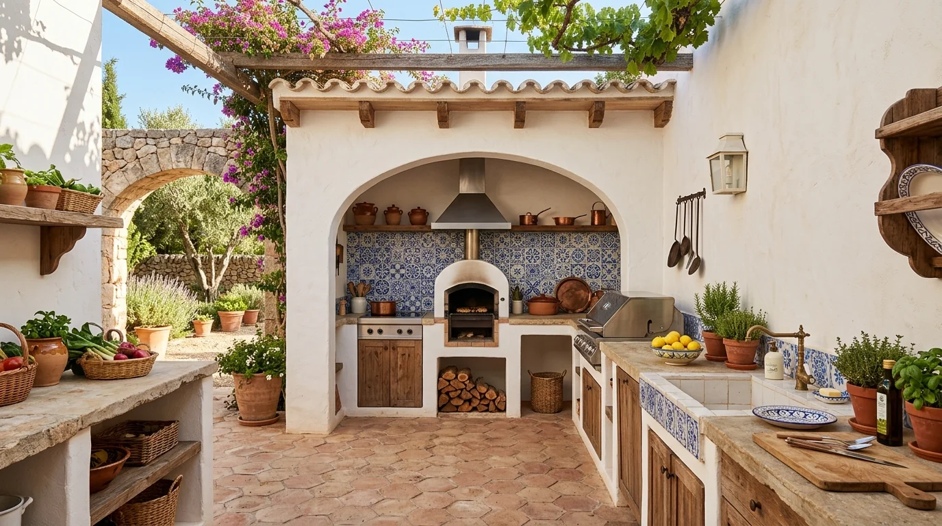 Mediterranean outdoor kitchen with stucco walls, blue tile backsplash, terracotta floor, and arched cooking alcove.