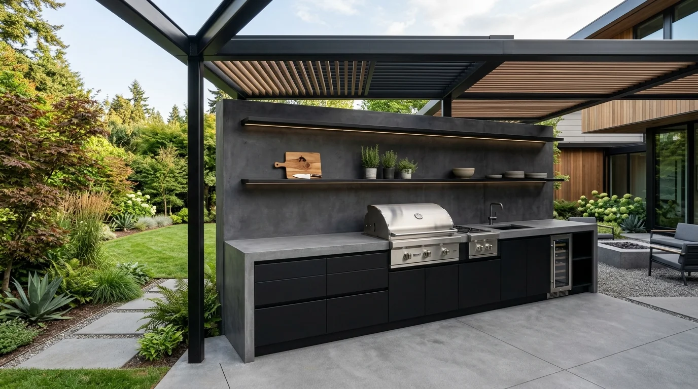 Modern minimalist outdoor kitchen with black cabinetry, grill wall, concrete counters, and geometric lines.