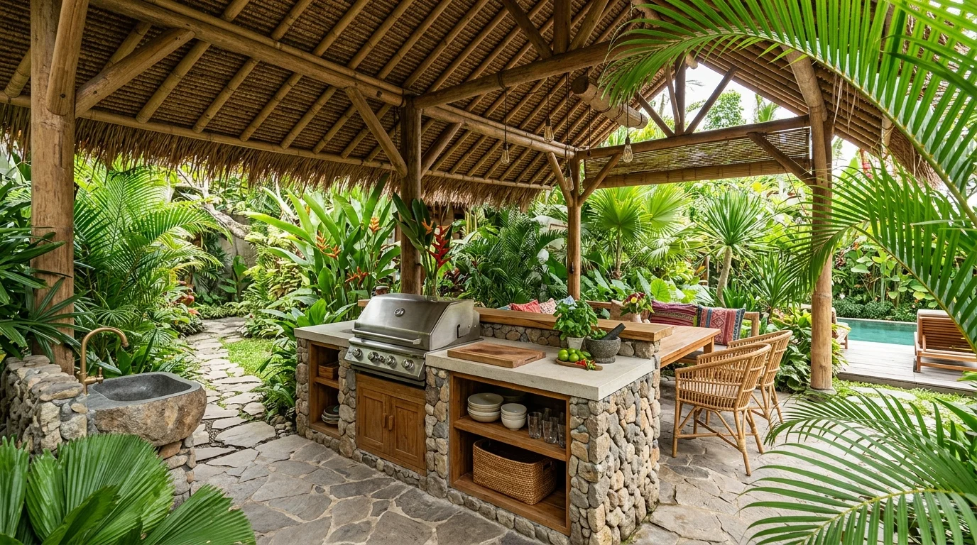Tropical outdoor kitchen with bamboo roof, stone cooking station, palms, and open-air resort vibe.