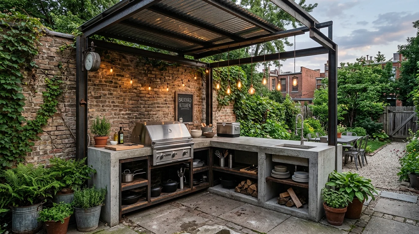 Industrial outdoor kitchen with steel framework, brick wall, concrete island, and Edison bulb lighting.