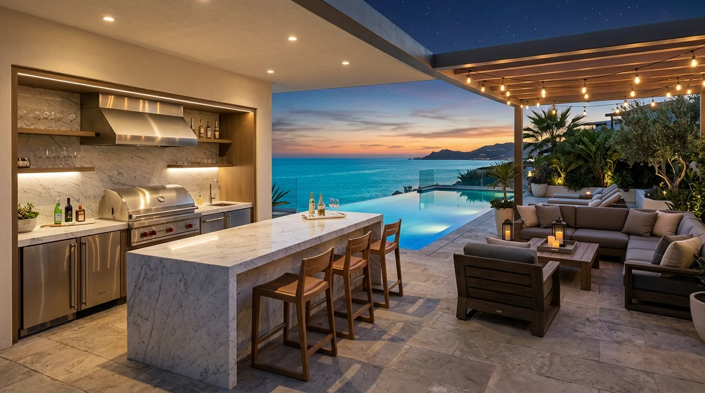 Luxury poolside kitchen with marble bar, modern grill station, infinity pool view, and lounge seating.