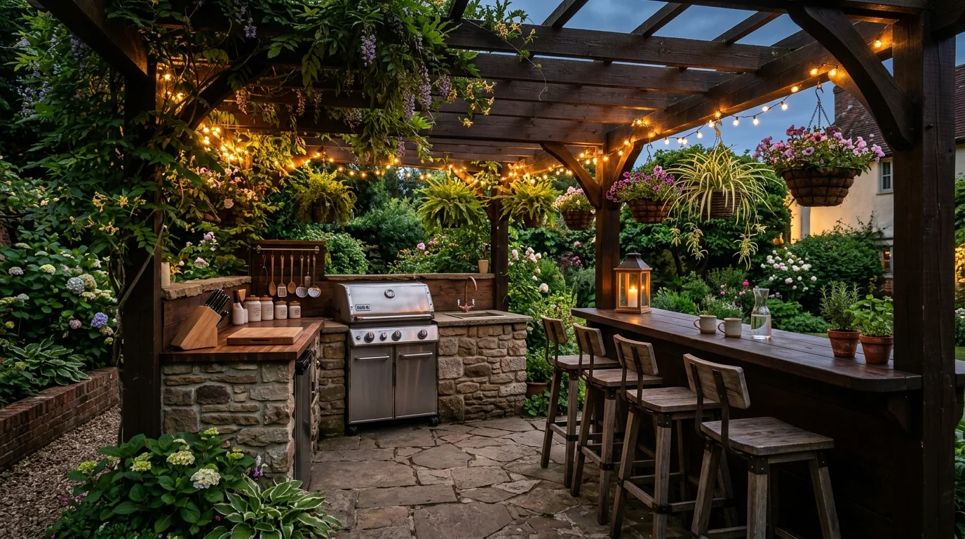 Cozy outdoor kitchen under pergola with hanging plants, wood stools, and warm fairy lights.