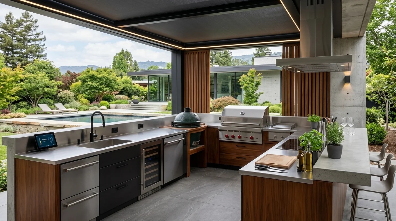 Contemporary outdoor kitchen with modular units, stainless surfaces, and integrated smart appliances.