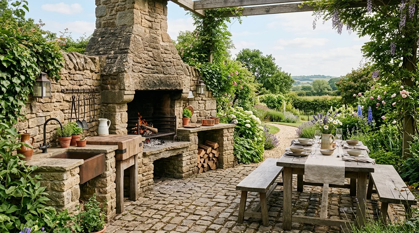 Rustic stone outdoor kitchen with fireplace grill, cobblestone floor, and large dining table in a garden setting.