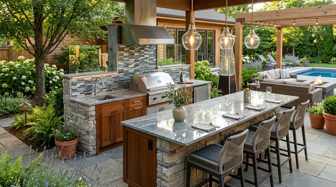 Elegant outdoor kitchen with dining counter, glass backsplash, pendant lights, and polished stone finishes.
