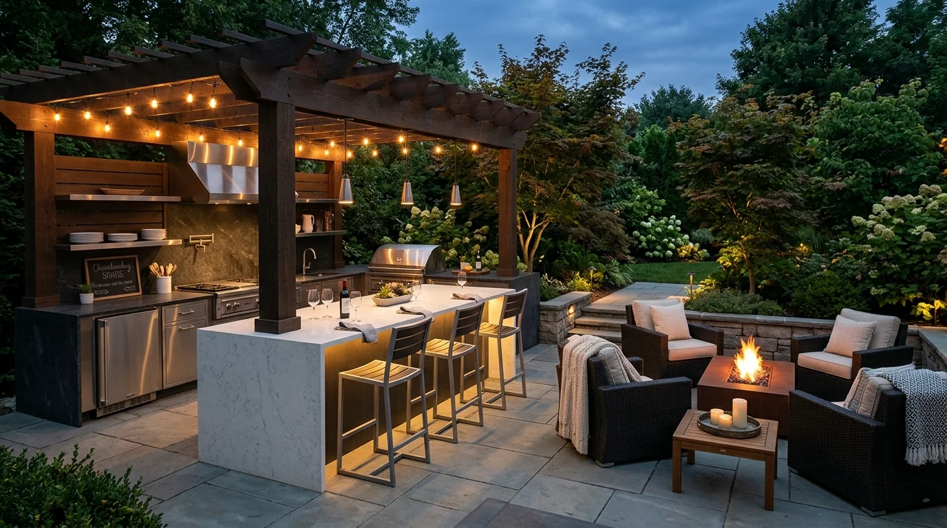 Backyard entertaining kitchen with bar island, nearby fire pit lounge, grill station, and ambient lighting.