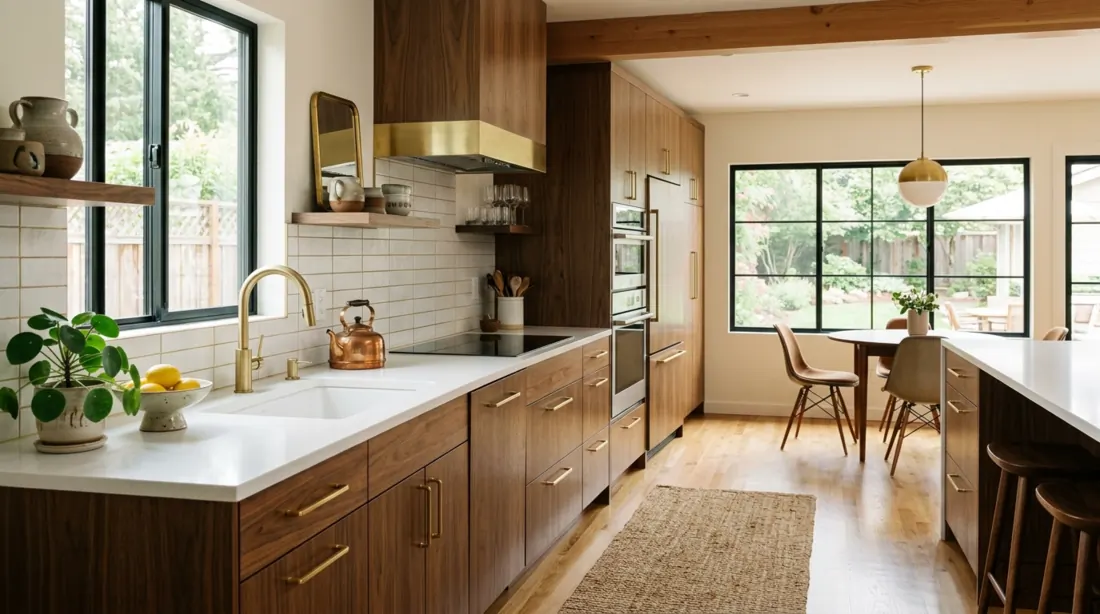 Mid century modern kitchen with walnut flat-panel cabinets, quartz countertops, brass hardware, and warm daylight.