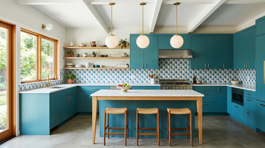 Mid century kitchen with teal cabinets, geometric backsplash, tapered legs, and globe lights.