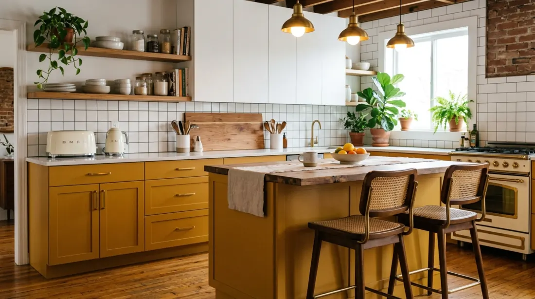 Retro kitchen with mustard lower cabinets, white uppers, wood accents, and vintage stools.