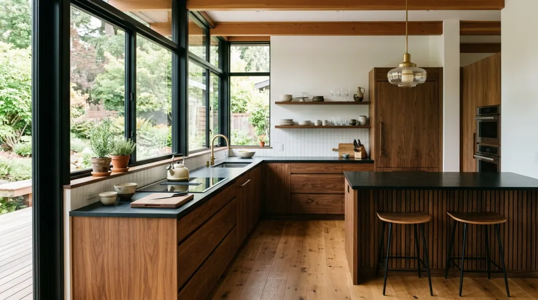 Minimal mid century kitchen with walnut cabinetry, black counters, clean lines, and large windows.