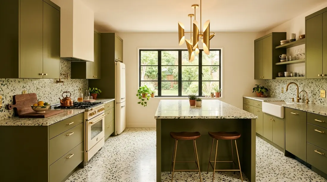 Mid century kitchen with olive cabinets, brass fixtures, terrazzo floor, and sculptural pendants.