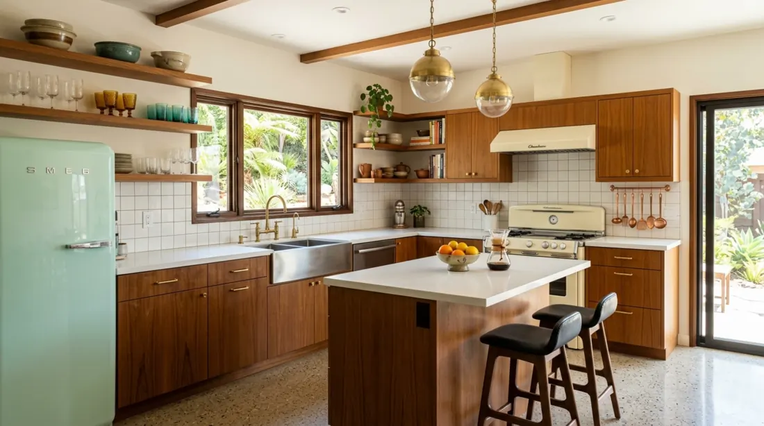 Mid century kitchen with open shelving, teak cabinets, white tile, and retro appliances.