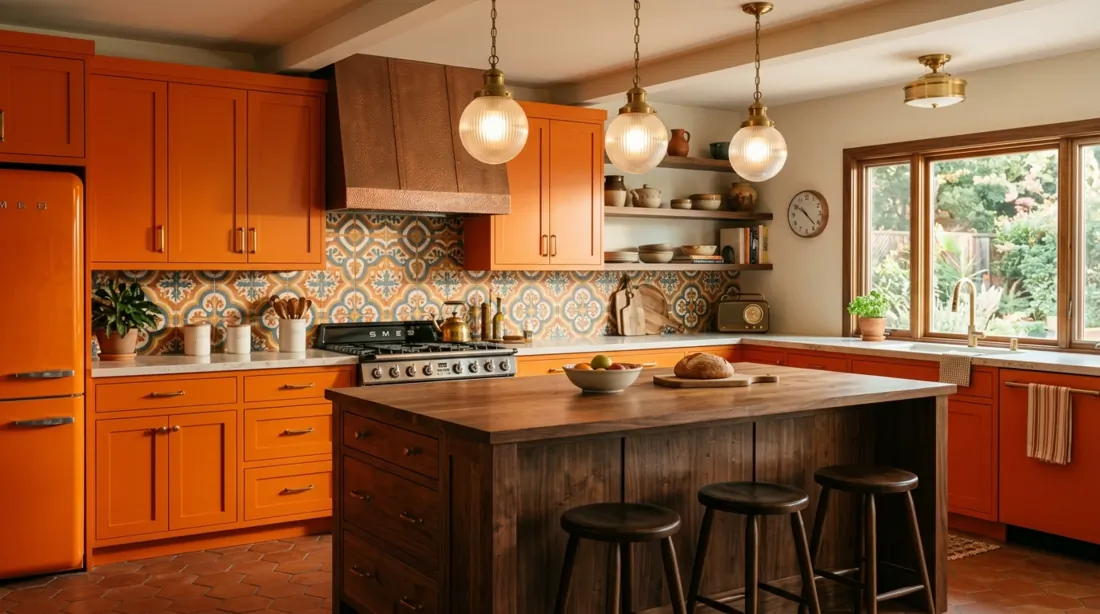 Bold retro kitchen with orange cabinetry, walnut island, patterned tile, and vintage lighting.