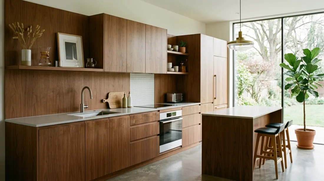 Sleek mid century kitchen with floating cabinets, handleless design, and wood panel walls.