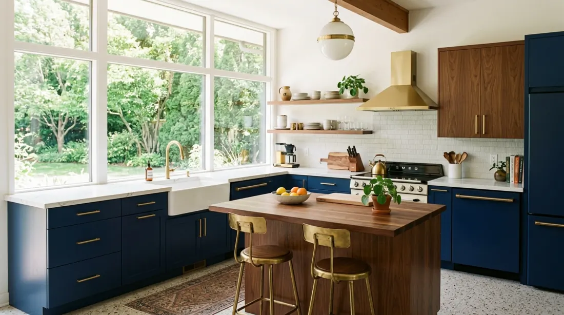 Mid century kitchen with navy and wood cabinets, brass accents, large windows, and sunlight.
