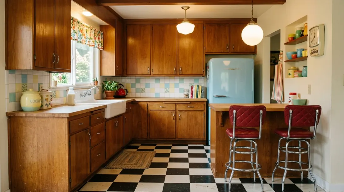 Cozy retro kitchen with checkerboard floor, wood cabinets, pastel accents, and vintage stools.