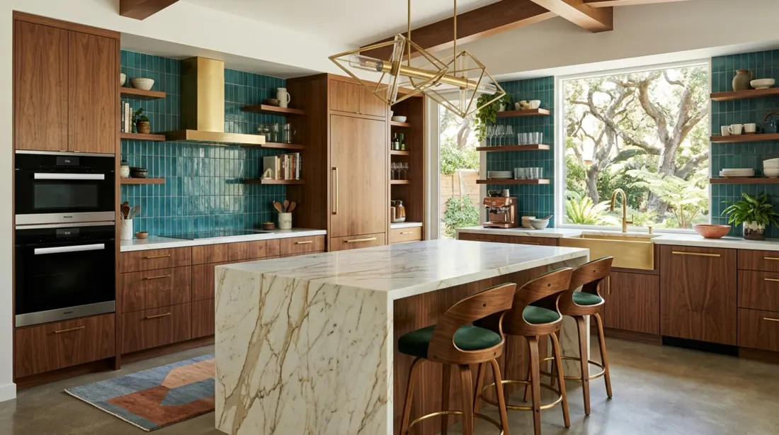 Luxury mid century kitchen with marble island, walnut cabinets, gold fixtures, and sculptural lights.