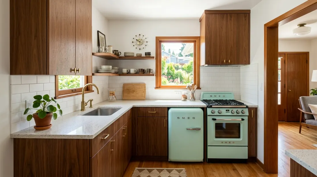 Compact mid century kitchen with streamlined wood cabinetry, retro appliances, and space-saving layout.