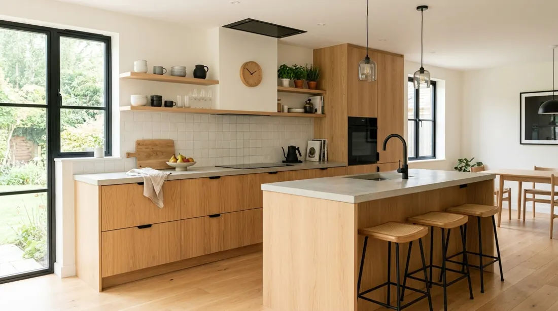 Scandinavian mid century kitchen with light wood, minimal design, black details, and airy space.
