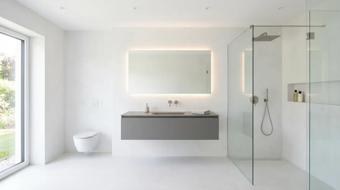 Ultra modern bathroom with white microcement, gray floating vanity, LED mirror, and glass shower.