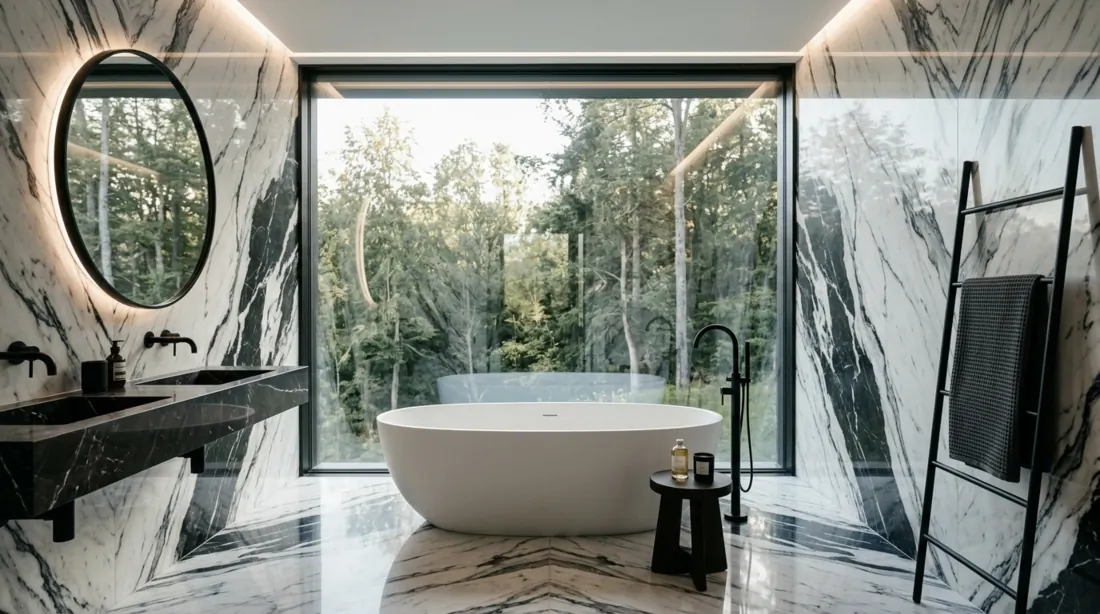 Contemporary bathroom with black and white marble slabs, freestanding tub, panoramic window, and matte black fixtures.