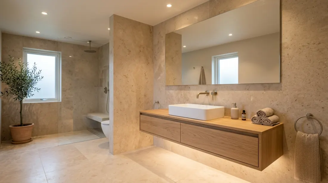 Minimalist modern bathroom with beige stone walls, oak vanity, ceramic basin, and recessed lights.