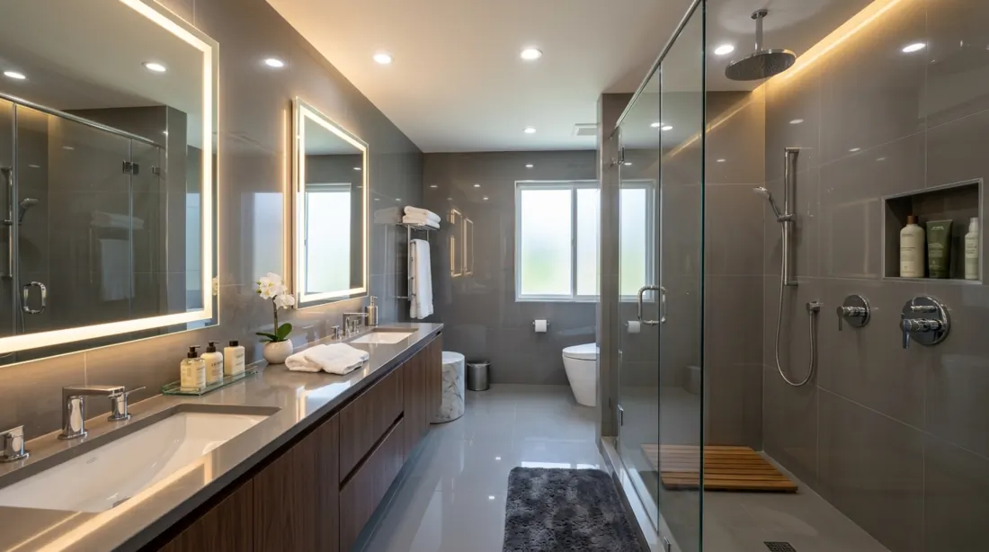 Luxury bathroom with glossy gray porcelain, double vanity, LED mirrors, and walk-in shower.