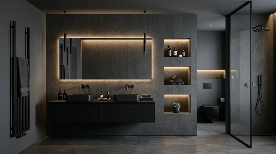 Contemporary bathroom with charcoal textured wall panels, black floating vanity, and ambient LED strips.