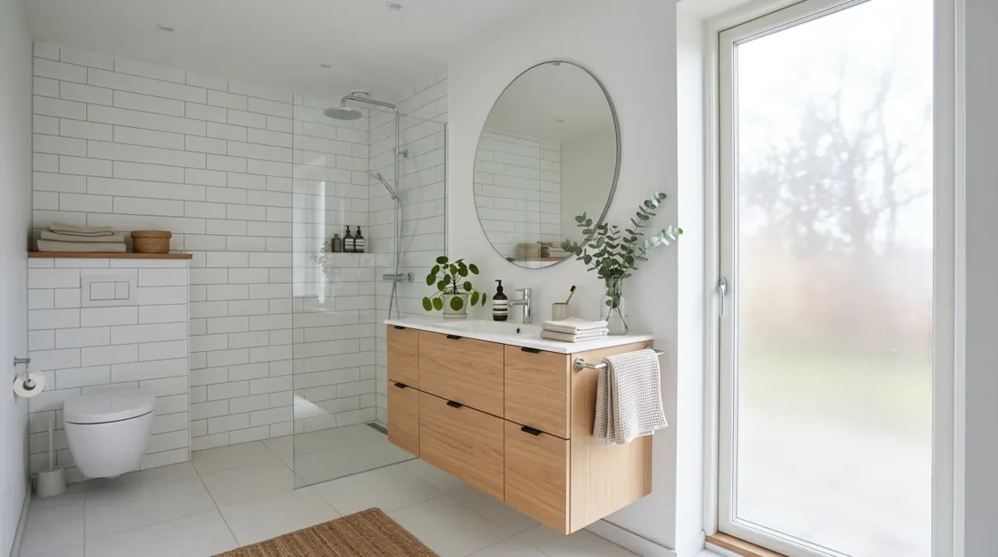 Scandinavian modern bathroom with oak cabinetry, matte white tiles, round mirror, and frosted daylight.