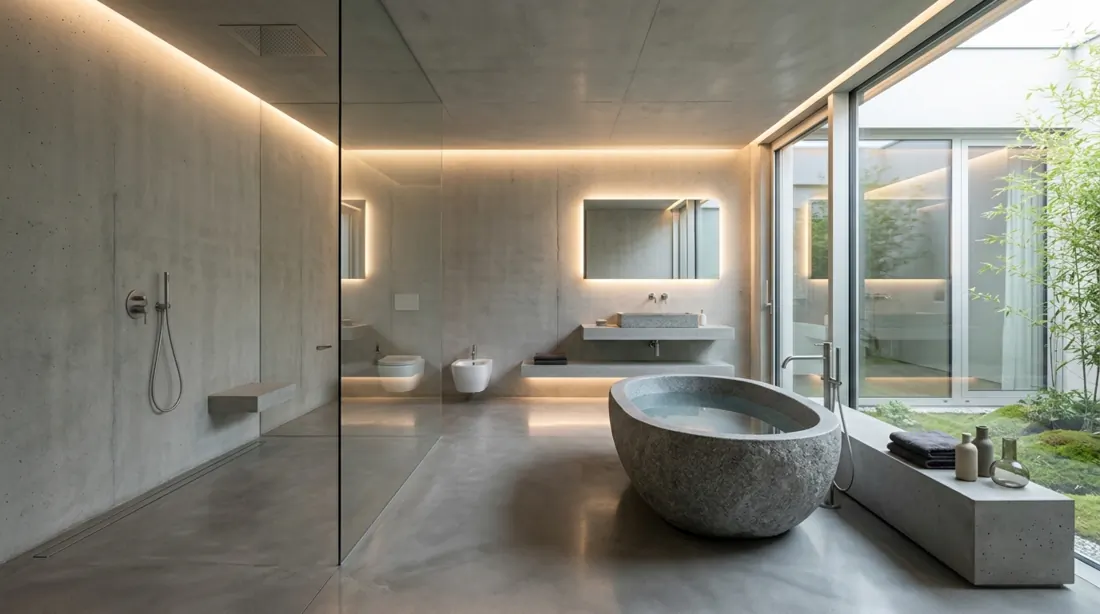 Ultra modern glass bathroom with transparent partitions, polished concrete floors, and freestanding stone tub.
