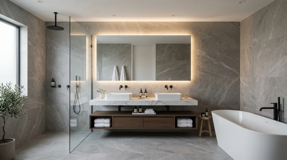 Elegant bathroom with large-format gray stone tile, marble vanity, backlit mirror wall, and rainfall shower.