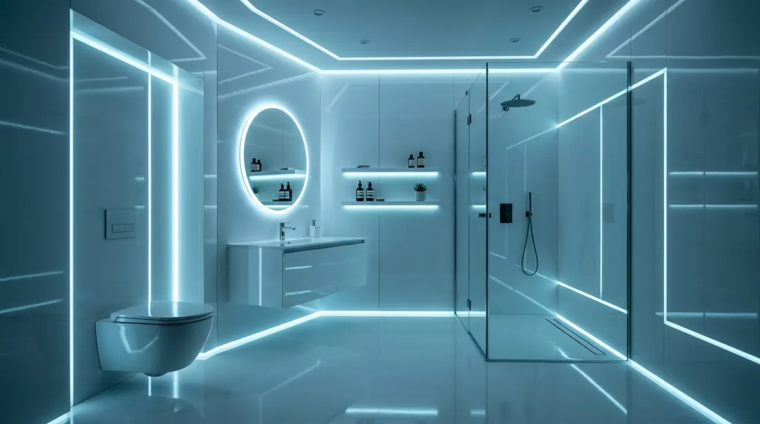 Futuristic modern bathroom with glossy white surfaces, embedded LED lines, wall-mounted fixtures, and cool lighting.