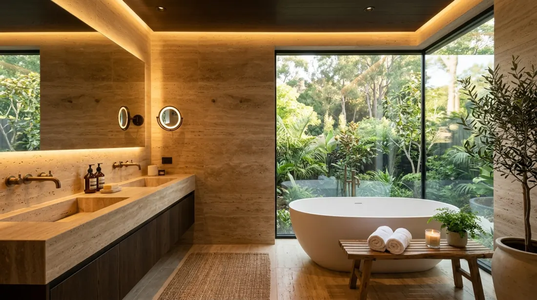 Luxury spa bathroom with travertine walls, freestanding tub, floor-to-ceiling window, and warm golden lighting.