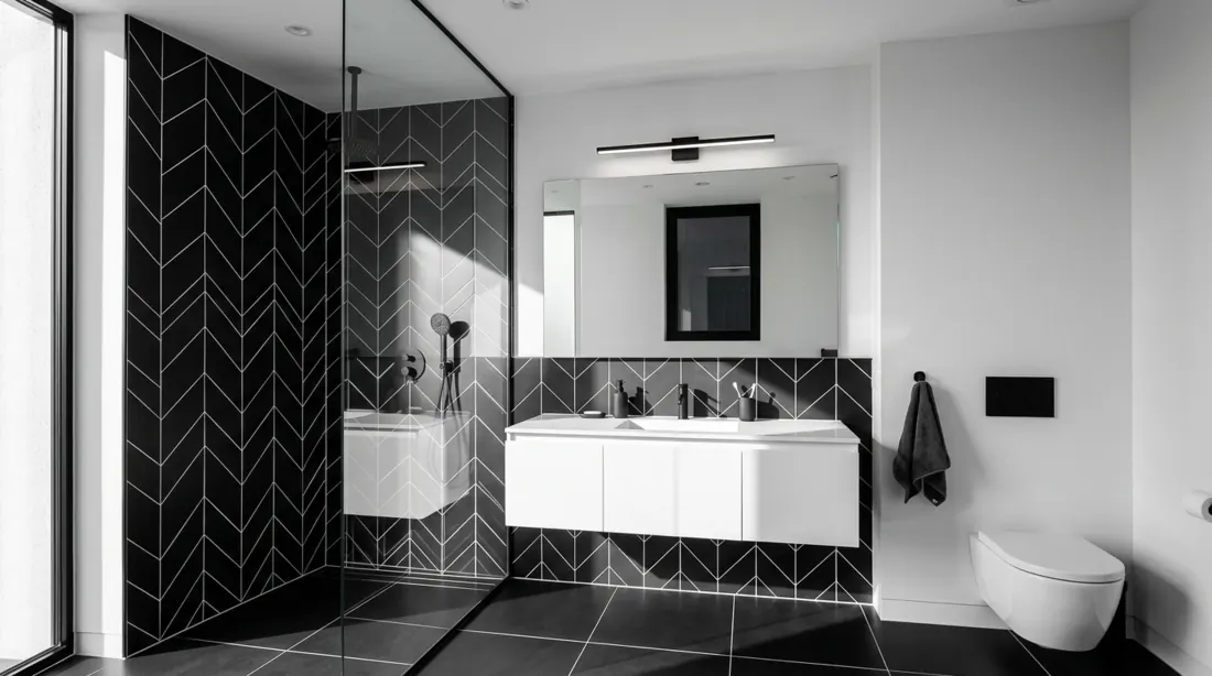 Minimal black and white modern bathroom with matte black fixtures, white vanity, and geometric tile accents.