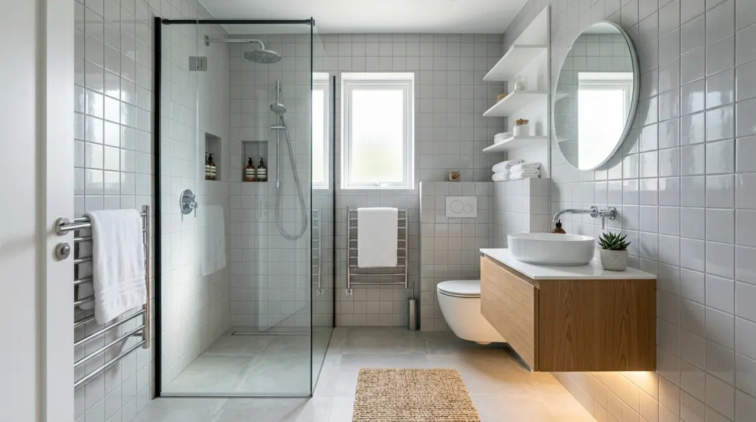Compact modern bathroom with wall-mounted storage, neutral tile, glass shower, and LED vanity lighting.