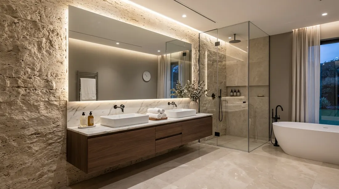 Contemporary luxury bathroom with textured stone accent wall, floating double sink vanity, and oversized mirror.