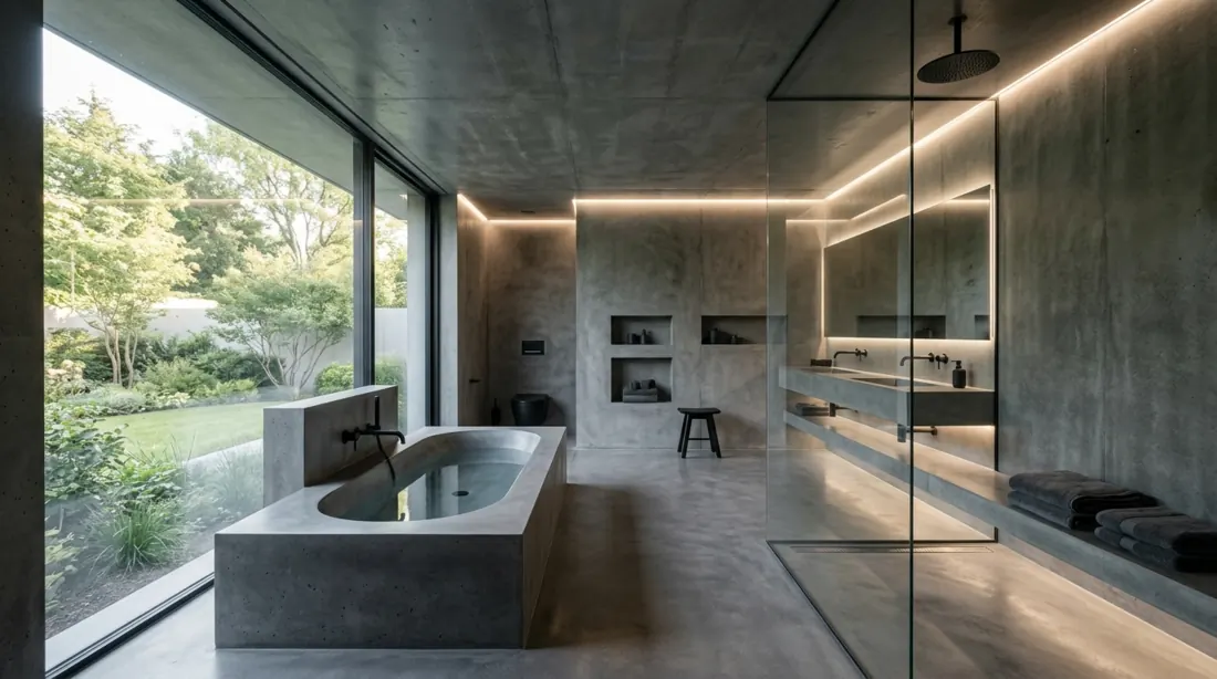 Ultra sleek bathroom with polished concrete, integrated tub design, hidden lighting, and frameless glass shower.