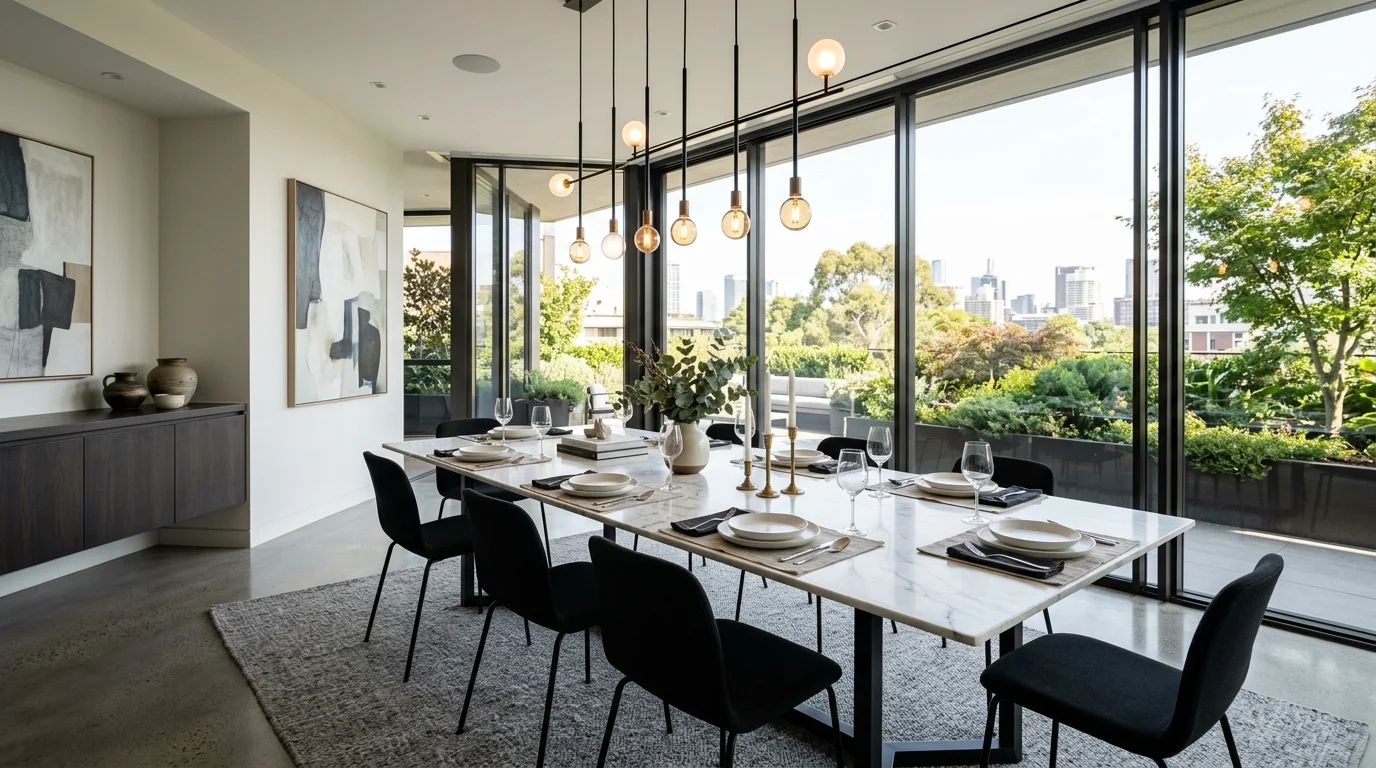 Modern dining room with marble table, black chairs, pendant light, and floor-to-ceiling windows.