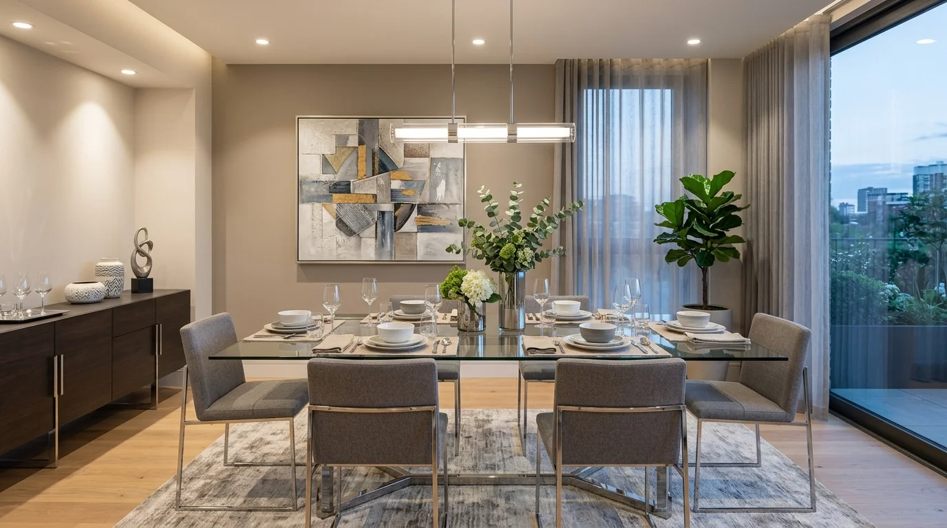 Contemporary dining room with glass table, chrome accents, abstract art, and soft recessed lighting.