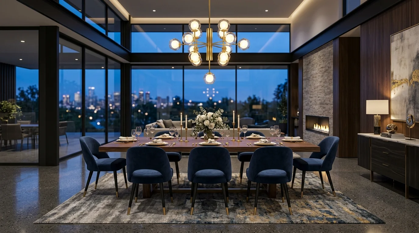 Luxury dining room with dark wood table, velvet chairs, gold chandelier, and polished concrete floor.