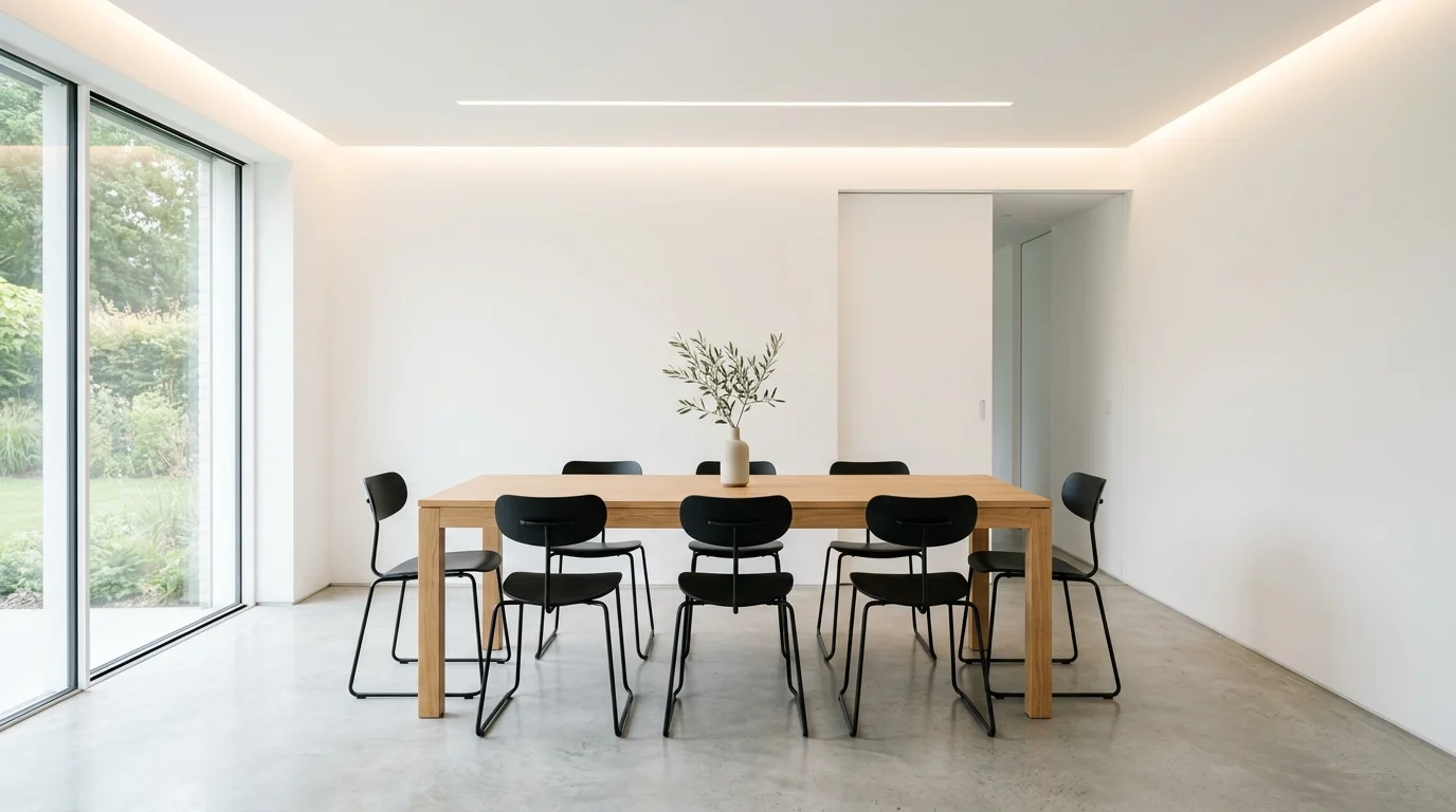 Minimal dining room with white walls, oak table, slim black chairs, and hidden lighting.