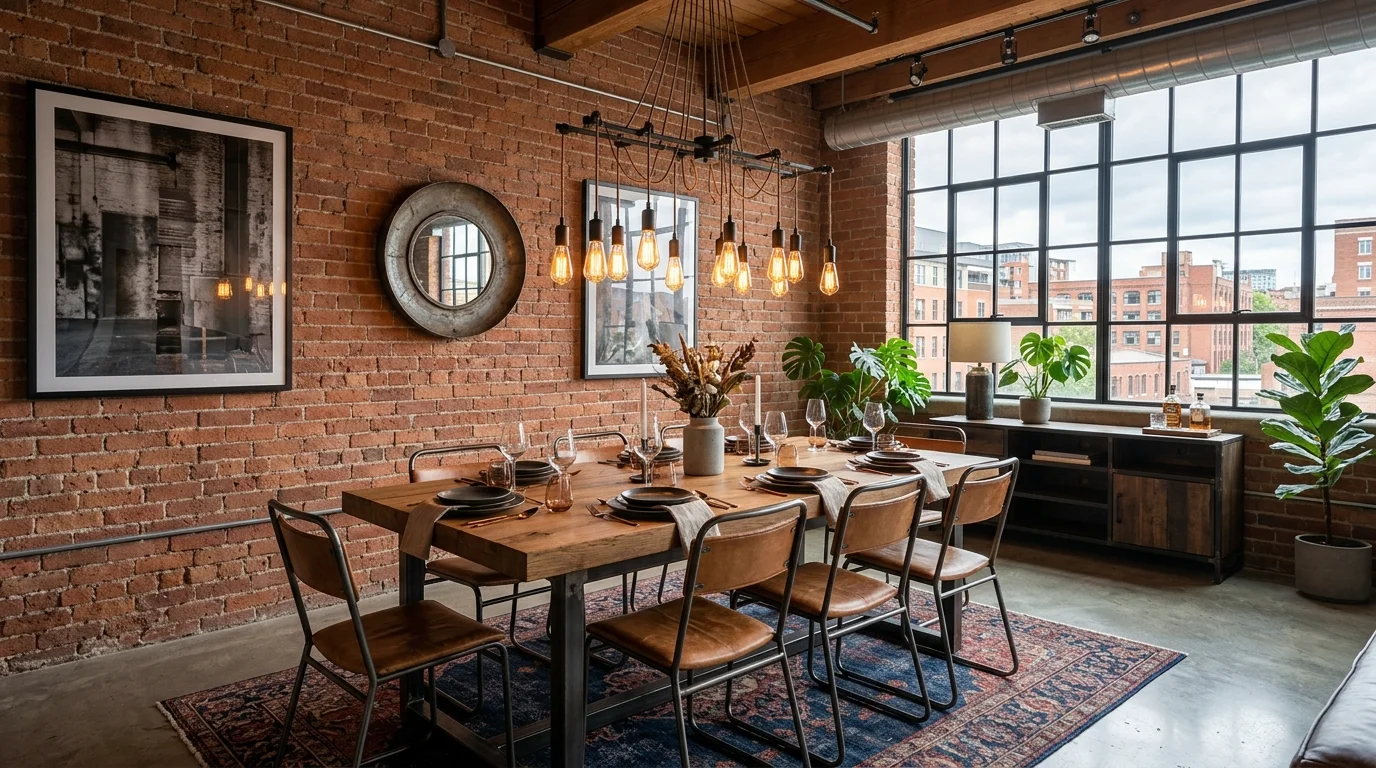 Modern industrial dining room with exposed brick, metal-framed table, Edison chandelier, and warm wood.
