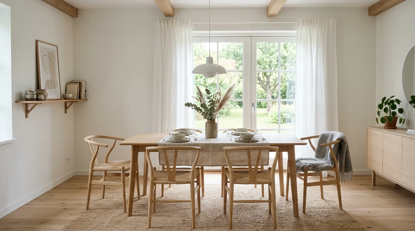 Scandinavian dining room with light wood furniture, white walls, soft textiles, and bright natural light.