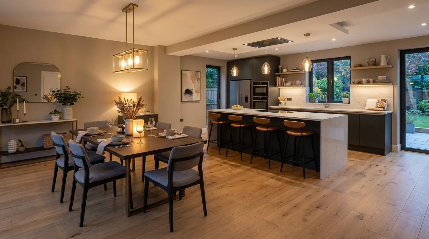 Open-plan dining area with kitchen connection, sleek island seating, modern table, and warm ambient lighting.
