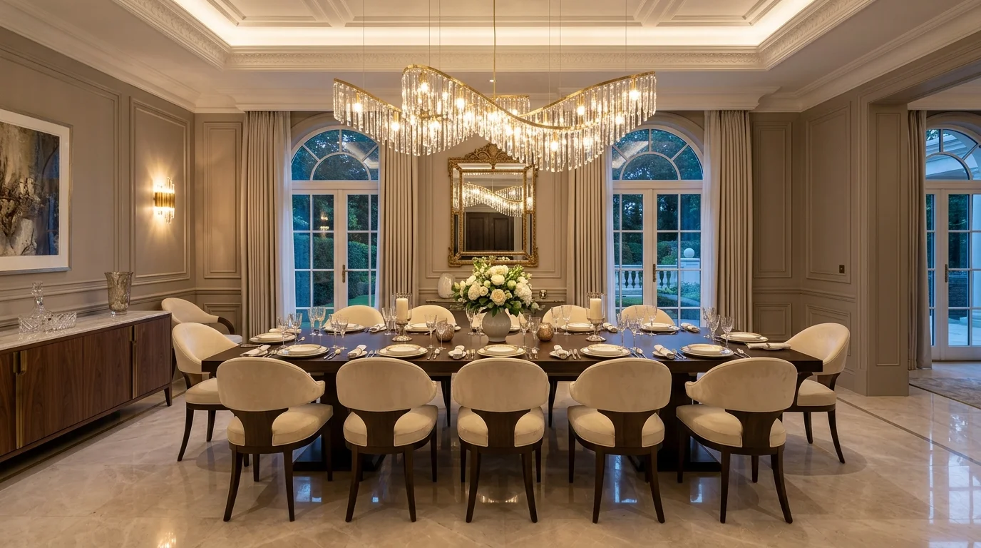 High-end dining room with sculptural chairs, statement chandelier, marble floor, and neutral luxurious palette.