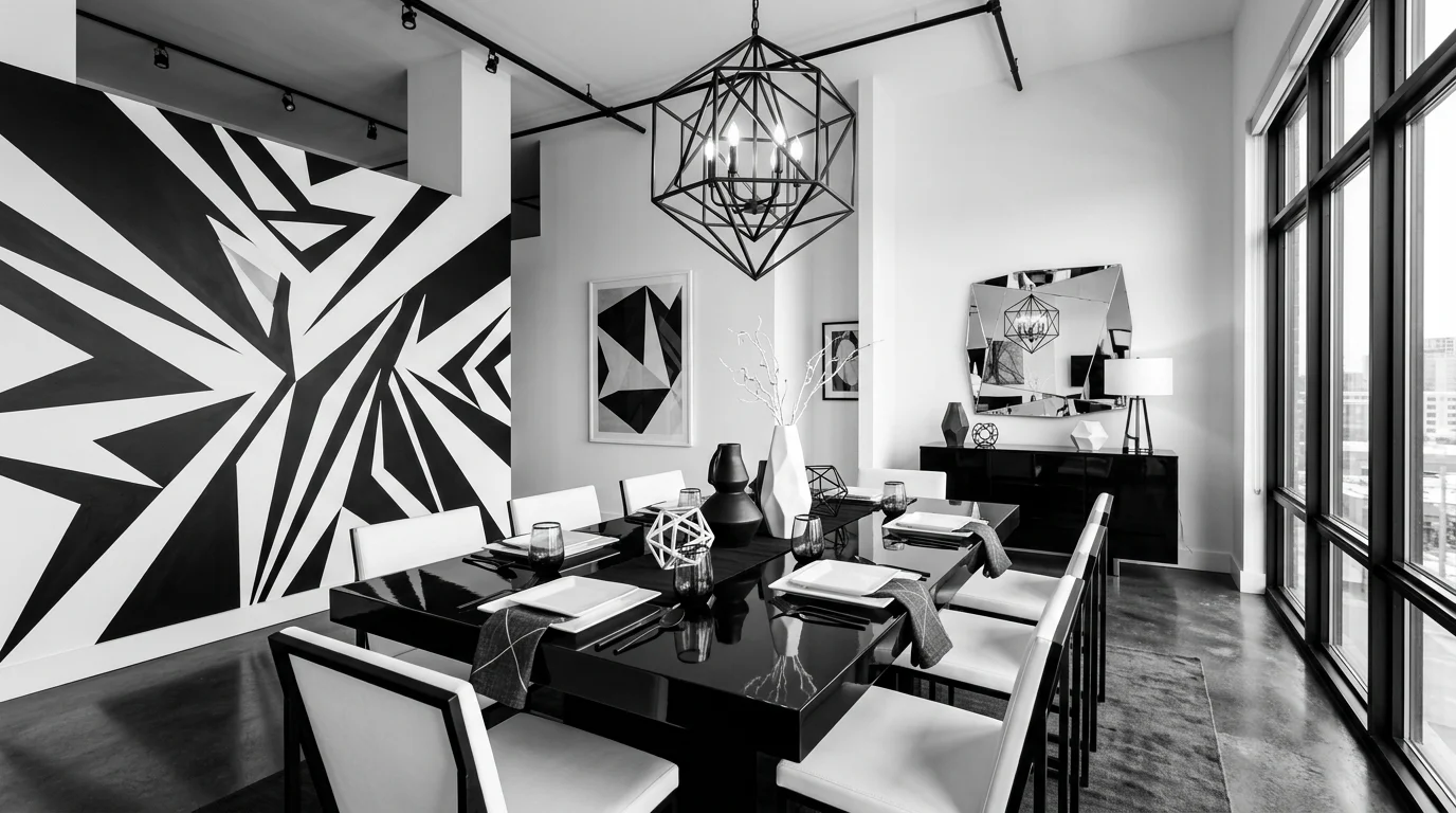 Contemporary black-and-white dining room with glossy surfaces, geometric decor, and minimalist table setting.