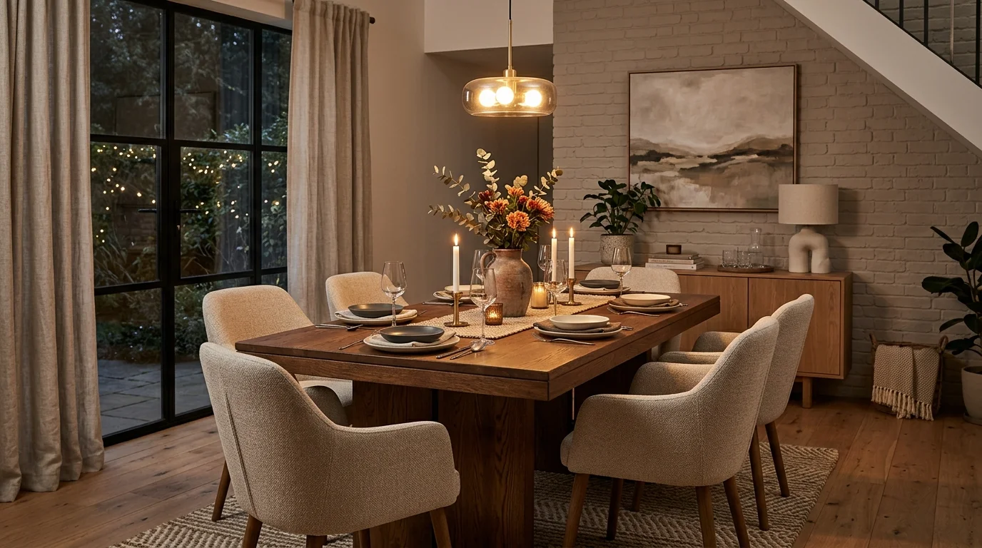 Cozy modern dining room with wooden table, upholstered chairs, warm lighting, and subtle decor.